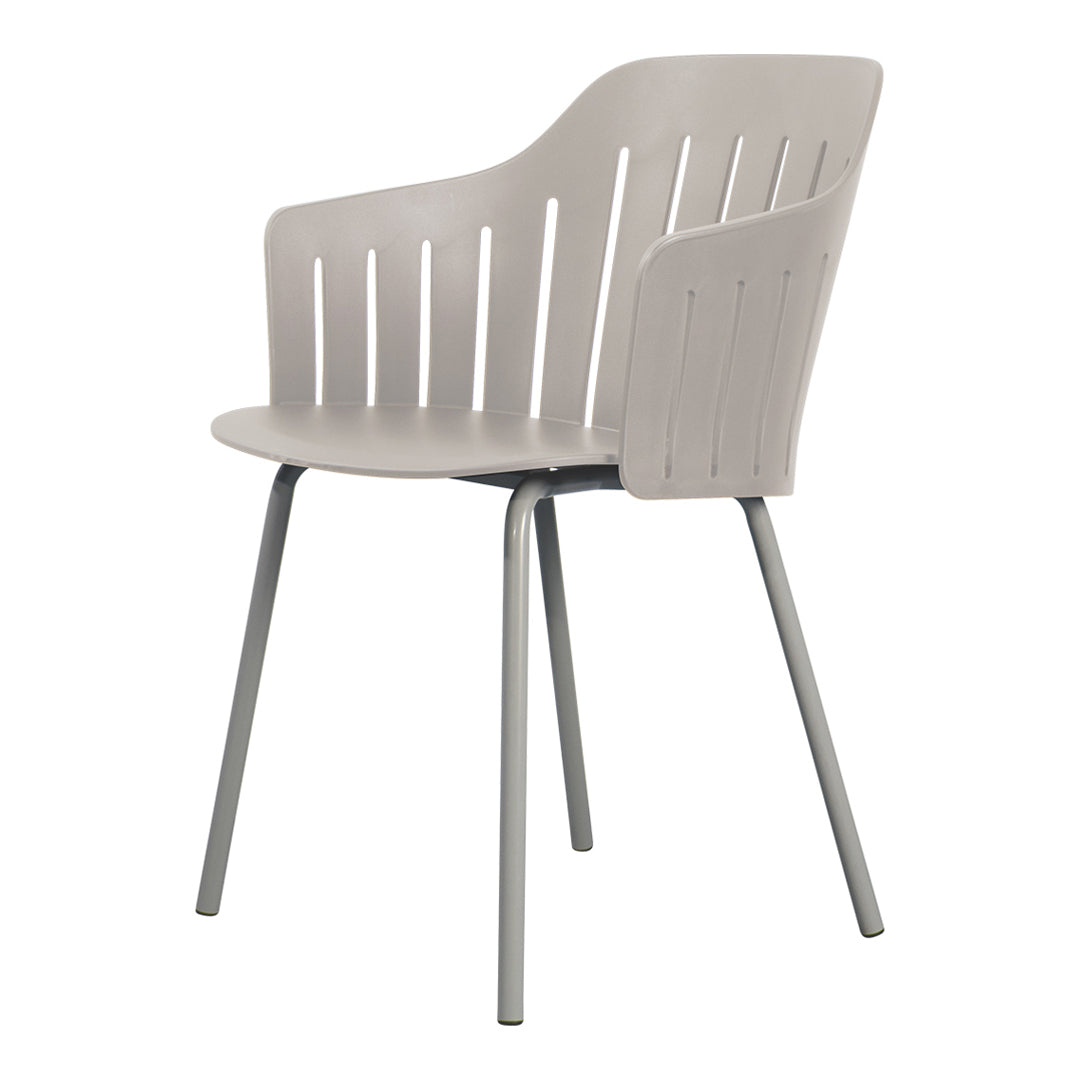 Light gray modern chair with slatted back and gray metal legs. Sleek, minimalist design perfect for contemporary spaces.