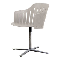 Gray ergonomic chair with a slatted design and shiny chrome base, ideal for modern office or home decor.