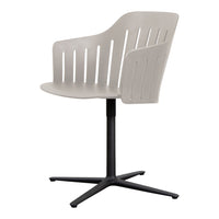Light gray chair with slatted design and black circular base, perfect for modern decor.