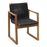 Black woven seat and backrest with natural wood frame, featuring a modern, minimalist design. Perfect for any decor.