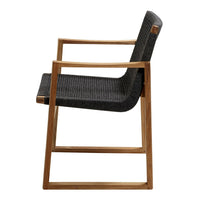 Modern black woven chair with a natural wood frame, featuring a sleek, minimalist design.