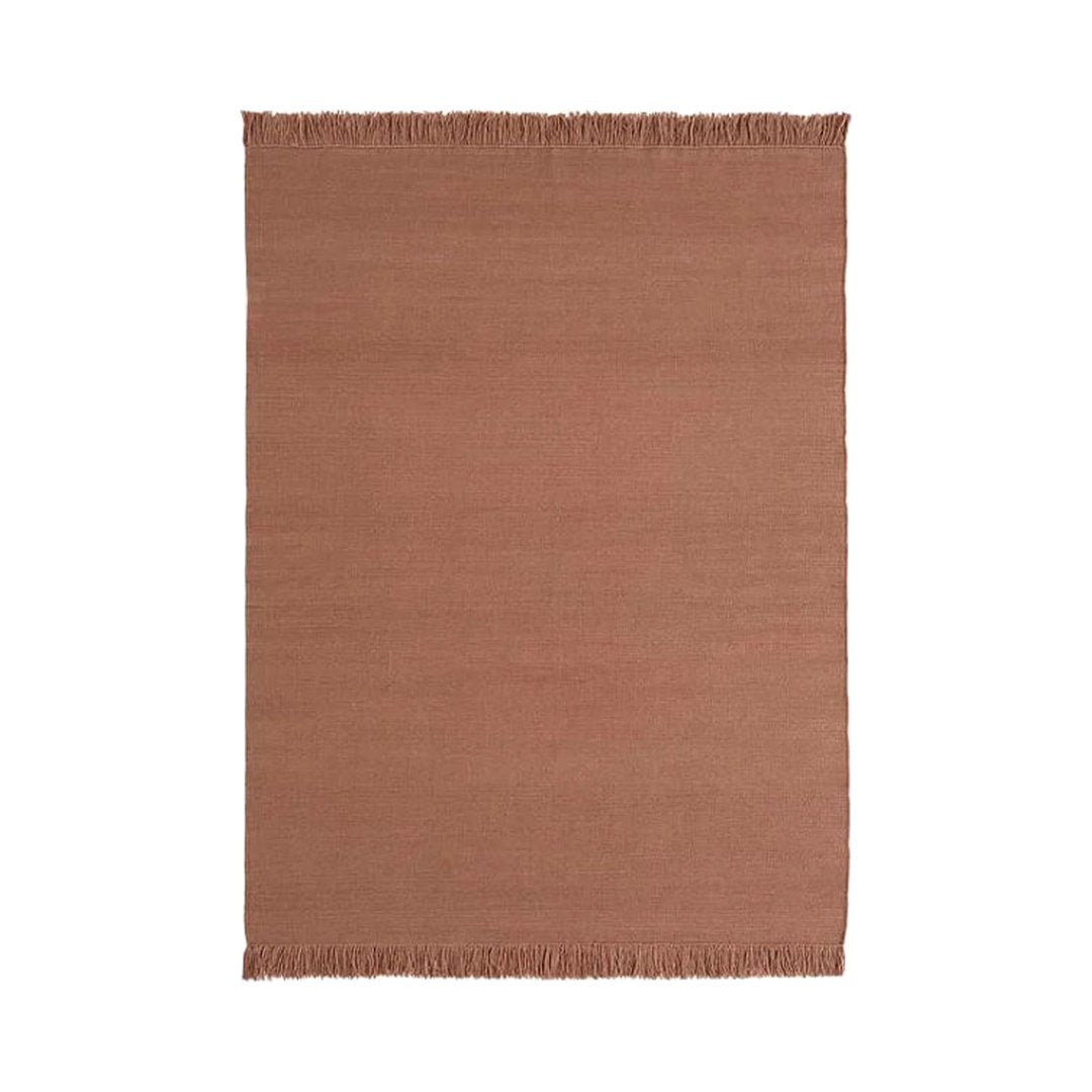 "Solid terracotta area rug with fringe edges for a warm, cozy touch in any space."