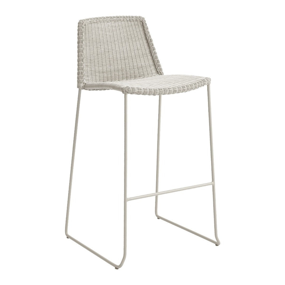 Light gray woven bar stool with a minimalist design and steel frame. Perfect for modern interiors.