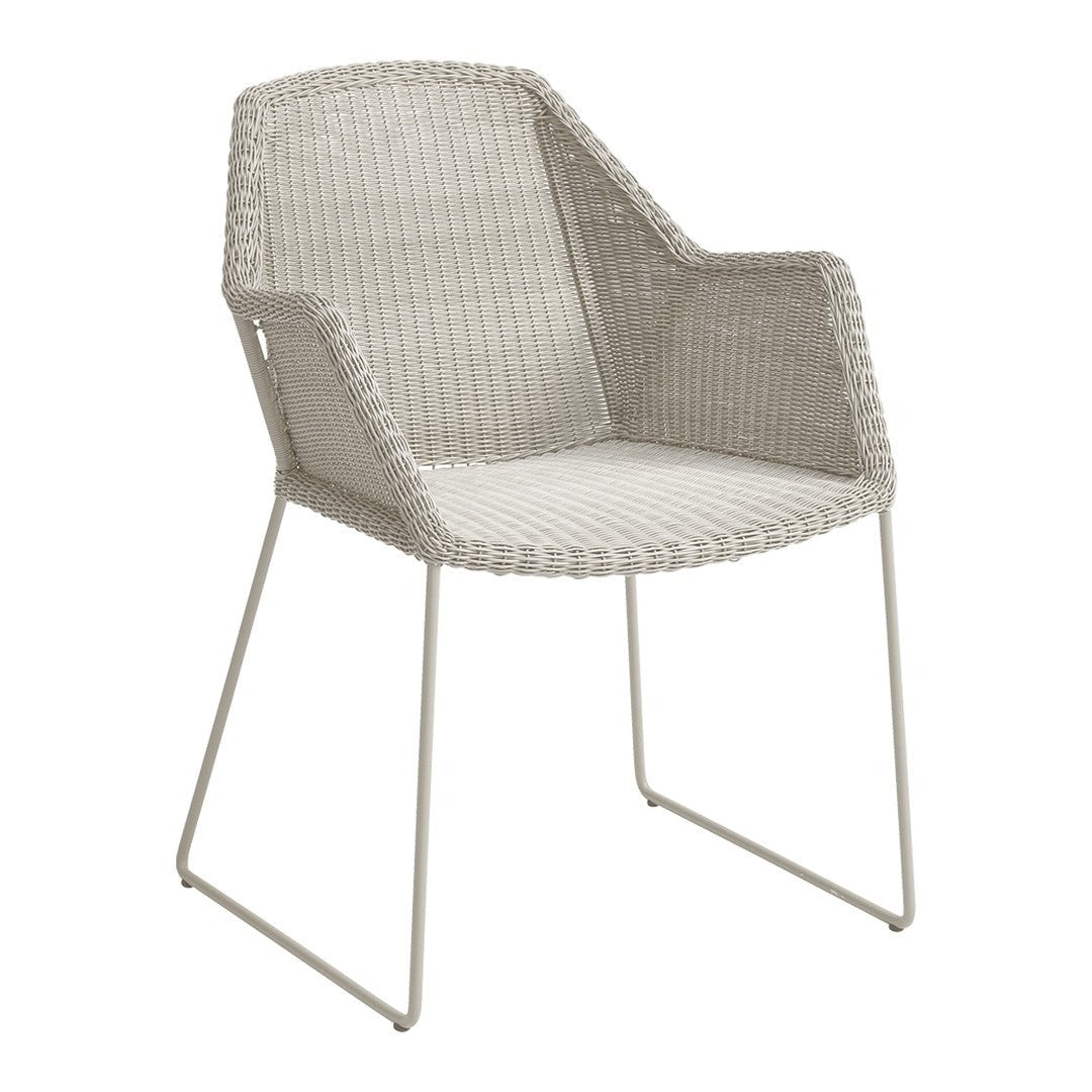 "Light grey woven chair with a sleek, minimalist design and subtle ribbed pattern on the seat and backrest."