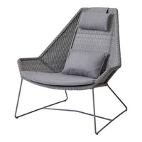 Stylish gray woven chair with a modern geometric design and plush gray cushions for added comfort.