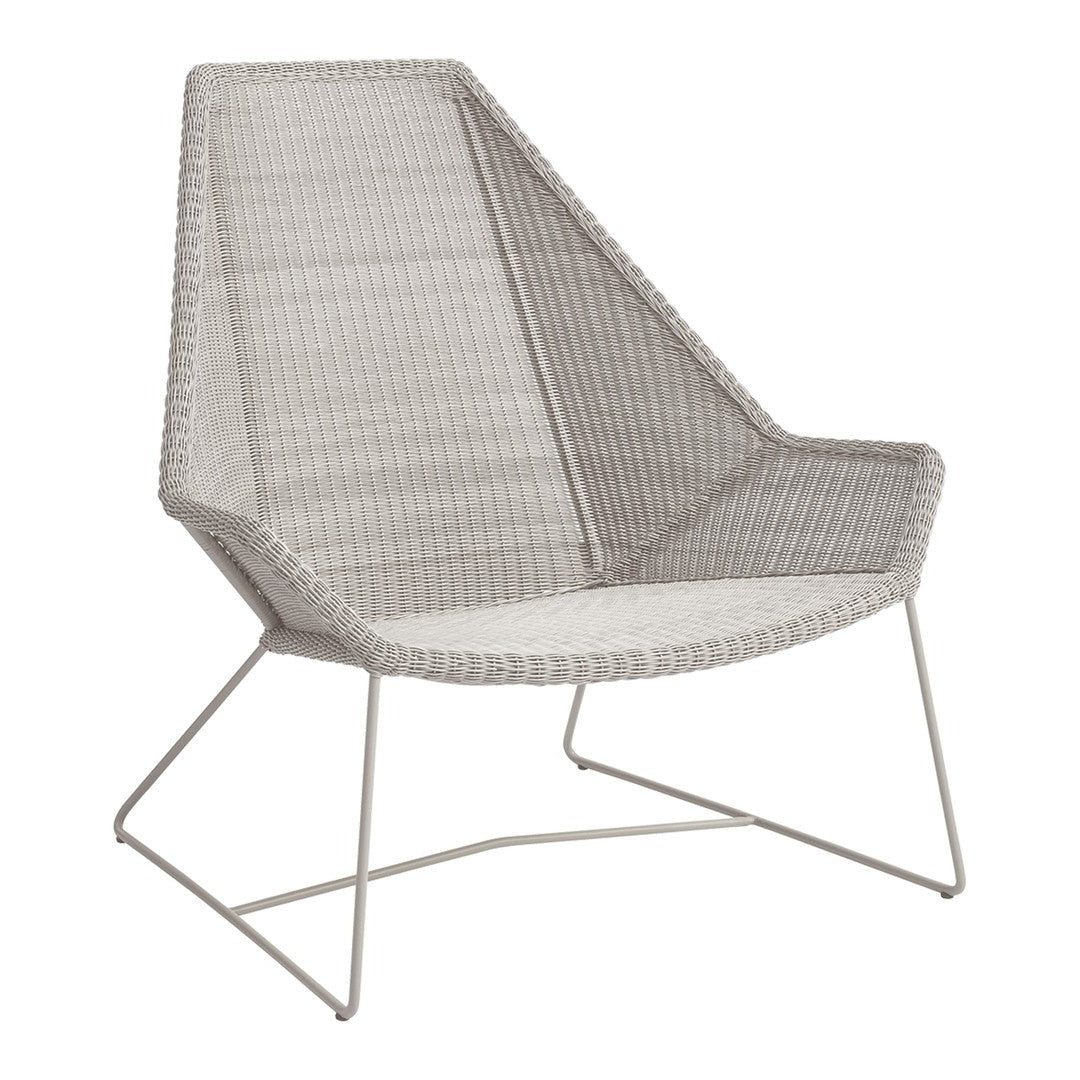 Light gray woven chair with a sleek geometric design and minimalist metal frame, perfect for modern decor.