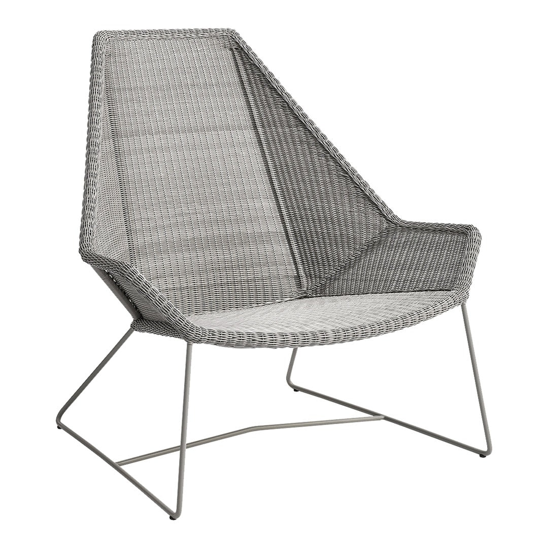 Gray woven chair with a modern geometric pattern, featuring a sleek metal frame for stylish outdoor seating.