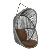 "Hanging chair with a sleek gray woven design and a plush brown cushion for stylish indoor or outdoor seating."