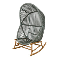 Gray woven rocking chair with a unique curved design and natural wood base. Modern style for any outdoor space.