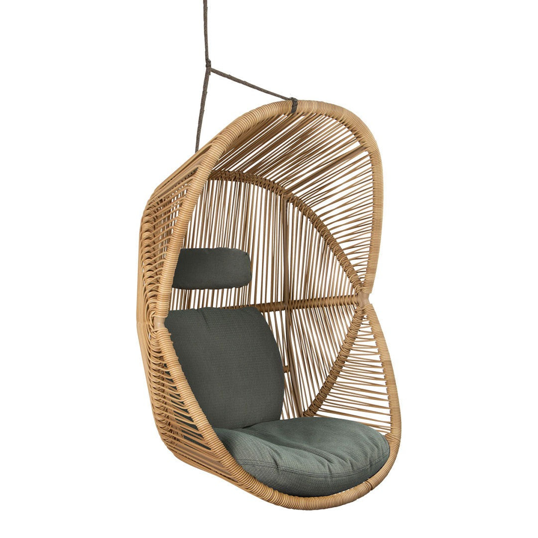 Hanging rattan chair in natural brown with a sleek gray cushion for a modern, stylish look.