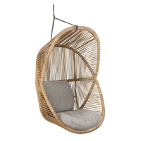 Rattan hanging chair with natural bamboo finish and soft gray cushion, featuring a modern, open-weave design.