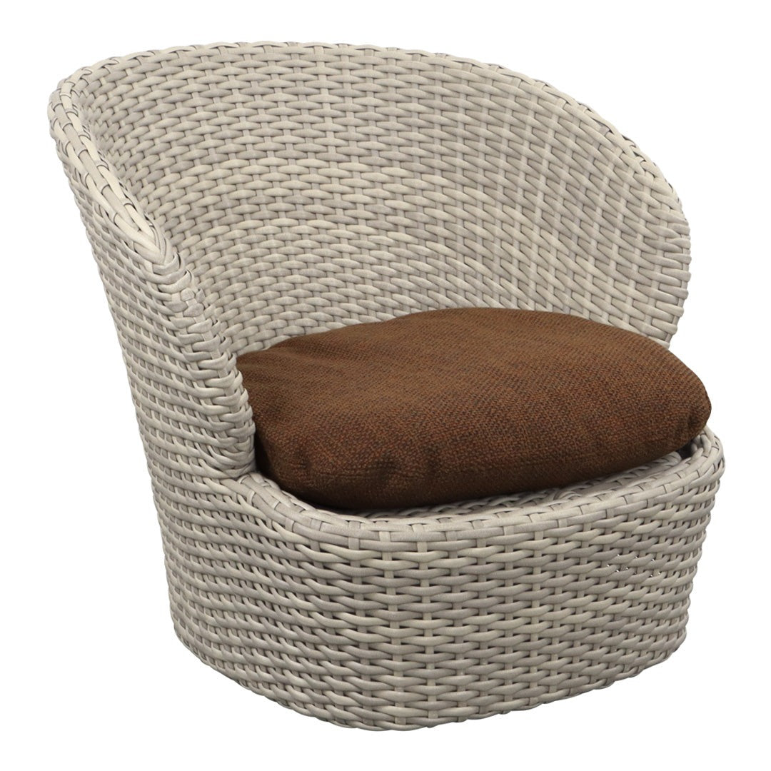 Light gray woven chair with a round shape and a brown cushion. Ideal for outdoor or indoor use.