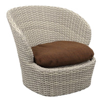 Light gray woven chair with a round shape and a brown cushion. Ideal for outdoor or indoor use.