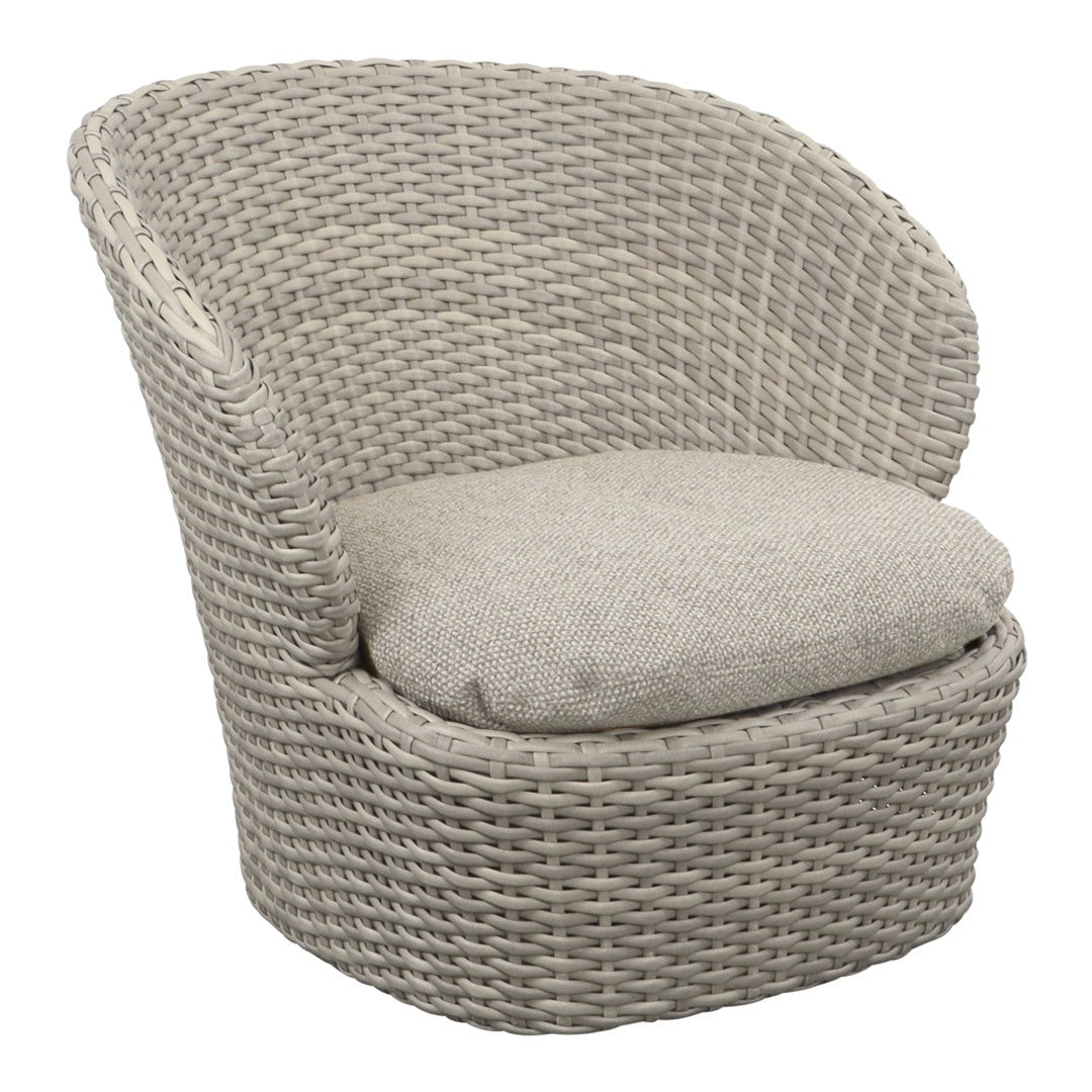 Round wicker chair in light gray with a soft, neutral cushion, featuring a textured, woven pattern for stylish comfort.