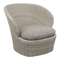 Light grey woven rattan chair with a plush grey seat cushion, perfect for outdoor or indoor decor.