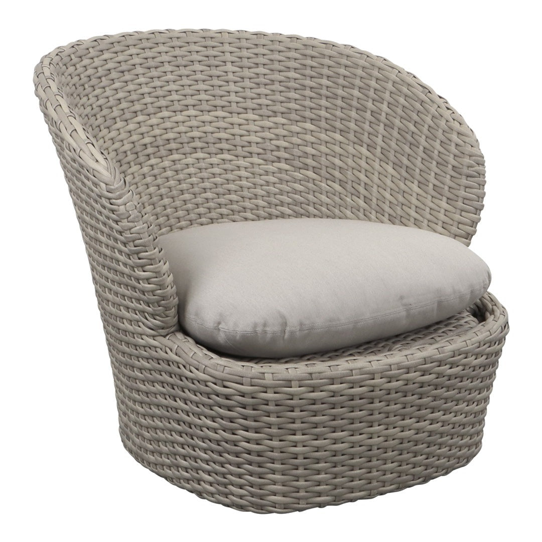 Textured gray woven chair with a plush light gray cushion, perfect for cozy seating.