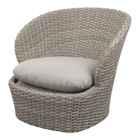 Light gray woven chair with a soft beige cushion, showcasing a textured pattern and contemporary design.
