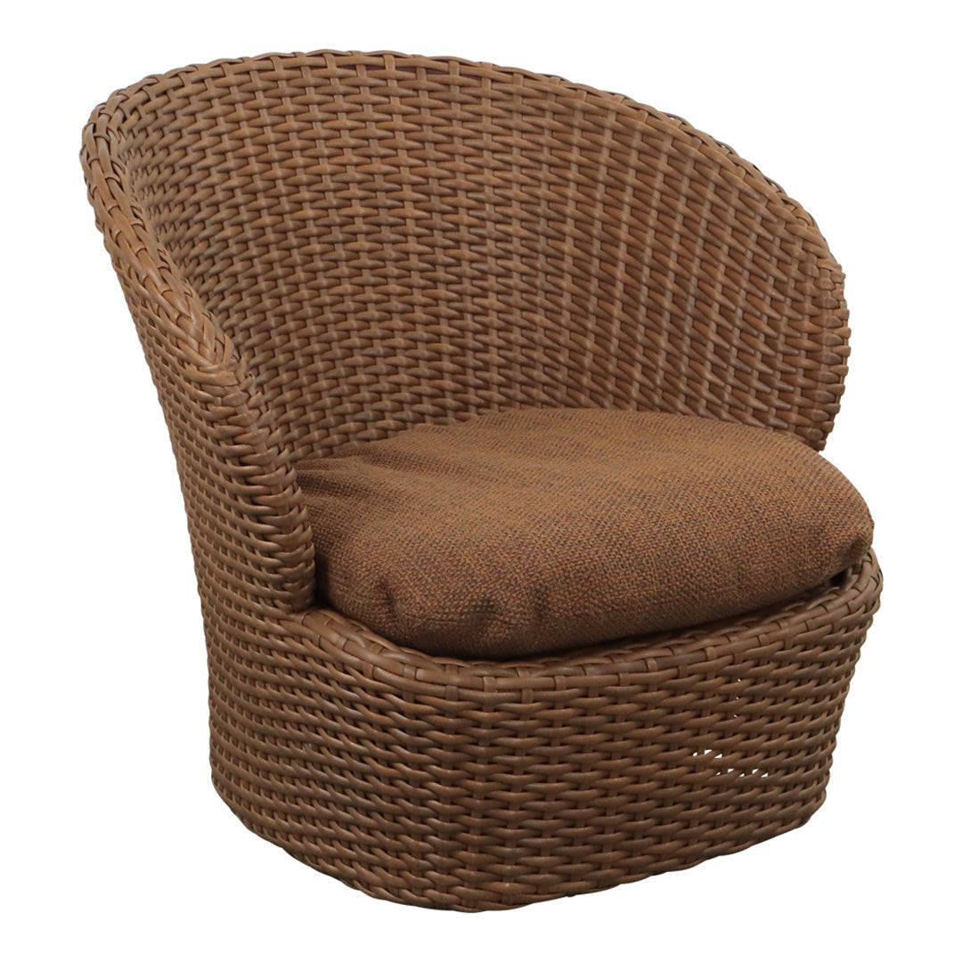 Brown woven rattan chair with a plush, dark brown cushion for a cozy and stylish look. Perfect for indoor or outdoor spaces.