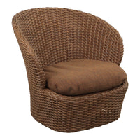 Brown woven rattan chair with a plush, dark brown cushion for a cozy and stylish look. Perfect for indoor or outdoor spaces.