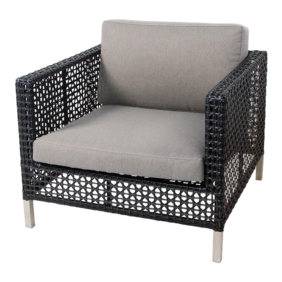 Black woven patio chair with geometric pattern and soft gray cushion. Perfect for outdoor seating.