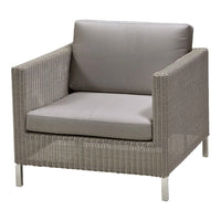 Gray wicker armchair with a smooth gray cushion, featuring a minimalist design and clean lines. Perfect for modern decor.