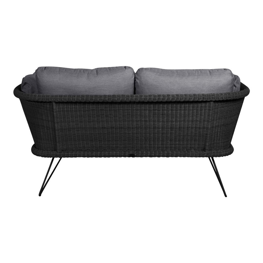 Gray woven sofa with sleek black legs and plush gray cushions, perfect for modern outdoor decor.