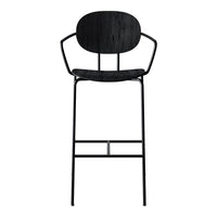 Black metal bar stool with a sleek, minimalist design and curved backrest. Perfect for modern spaces.