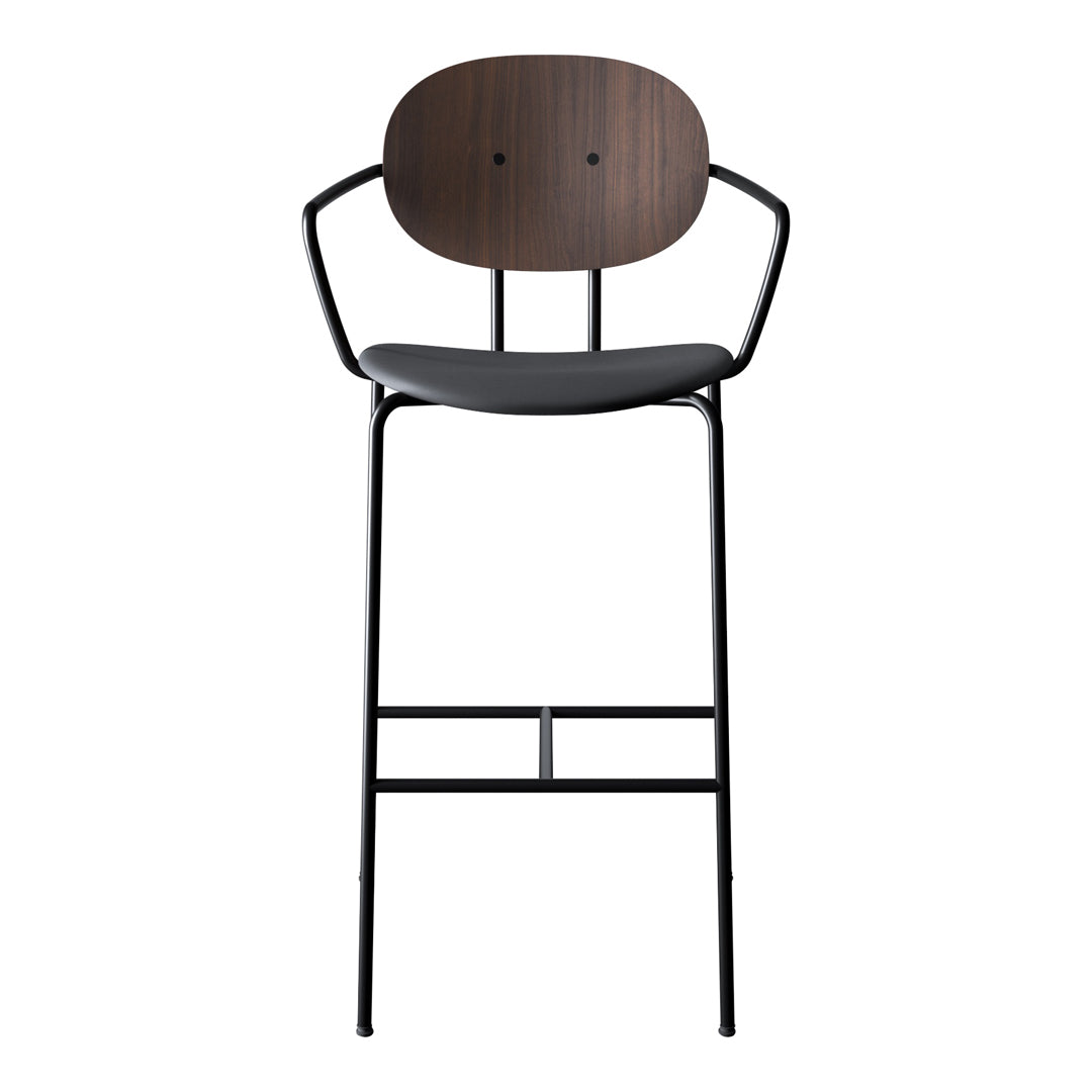 Black metal frame bar stool with a walnut wood back and sleek black seat, showcasing modern minimalist design.