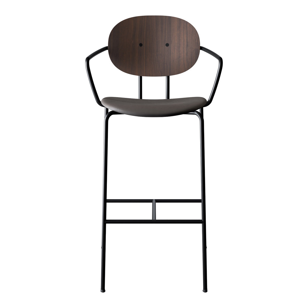 Modern wooden bar stool with a rich brown seat and a sleek black metal frame. Stylish minimalistic design.