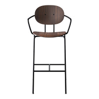Modern wood and black metal bar stool featuring a sleek, minimalist design with curved lines. Ideal for contemporary decor.