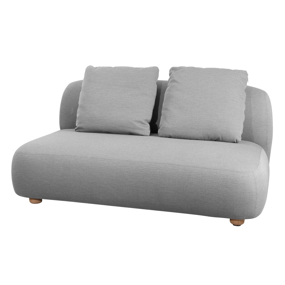 Light gray upholstered sofa with two matching cushions and wooden legs, featuring a smooth, minimalist design.