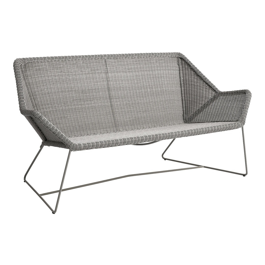 Stylish gray woven loveseat with a modern geometric design and sleek metal frame, perfect for outdoor or indoor settings.