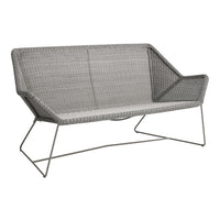 Stylish gray woven loveseat with a modern geometric design and sleek metal frame, perfect for outdoor or indoor settings.