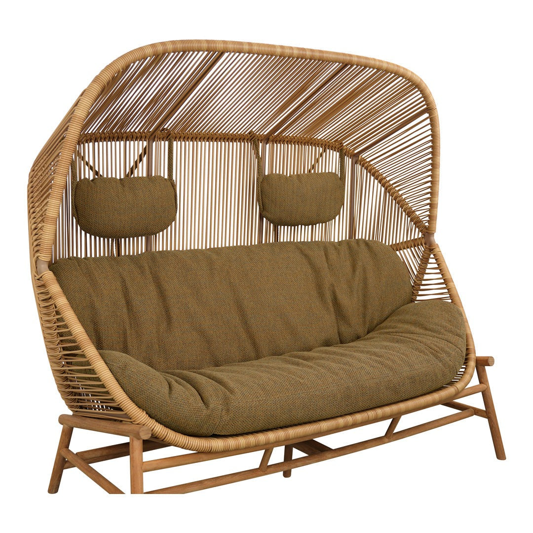 Boho-style rattan sofa in natural tones with olive green cushions and intricate woven pattern. Perfect for outdoor spaces.