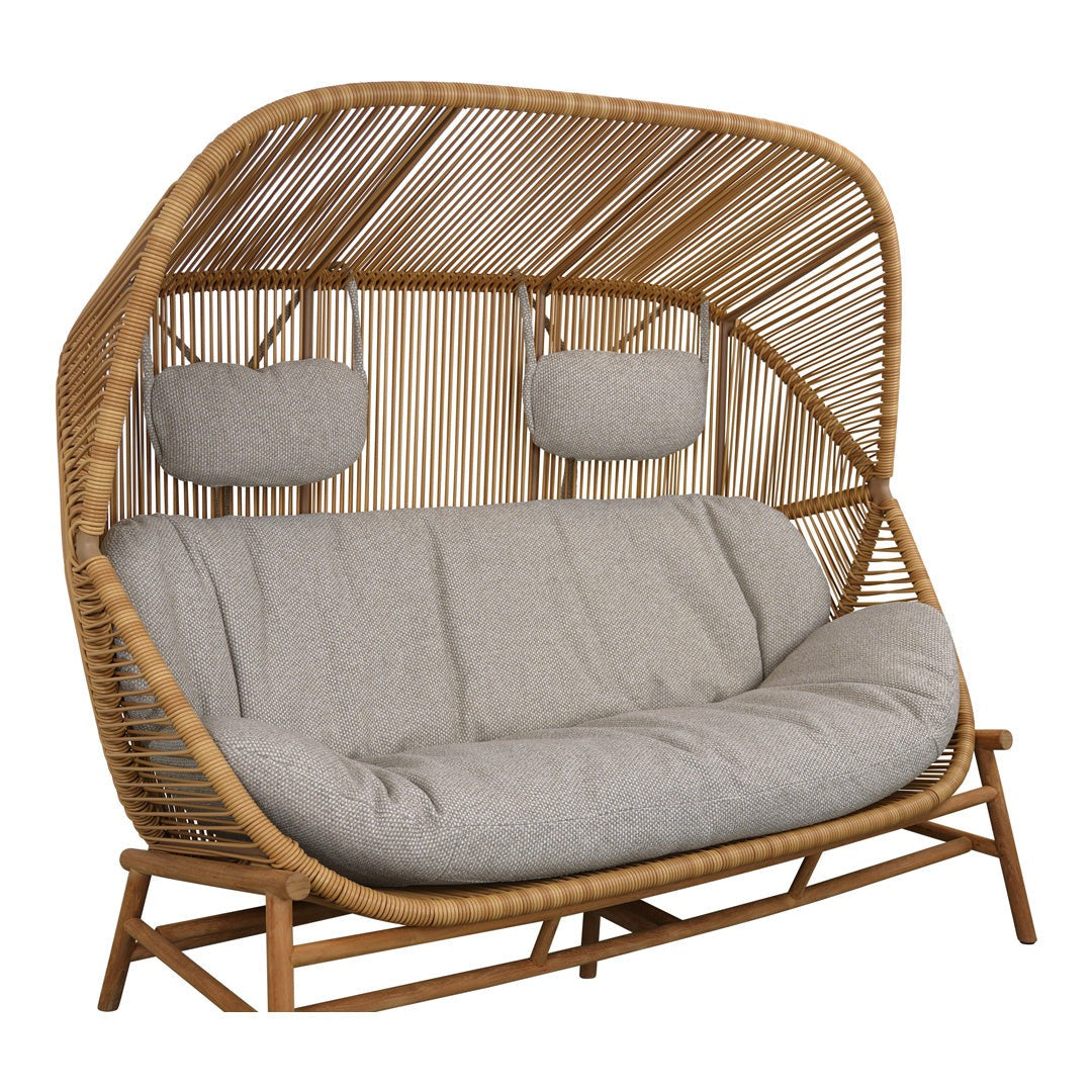 Natural rattan swing sofa with gray cushions and a woven pattern, perfect for stylish outdoor seating.