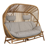 Natural rattan swing sofa with gray cushions and a woven pattern, perfect for stylish outdoor seating.