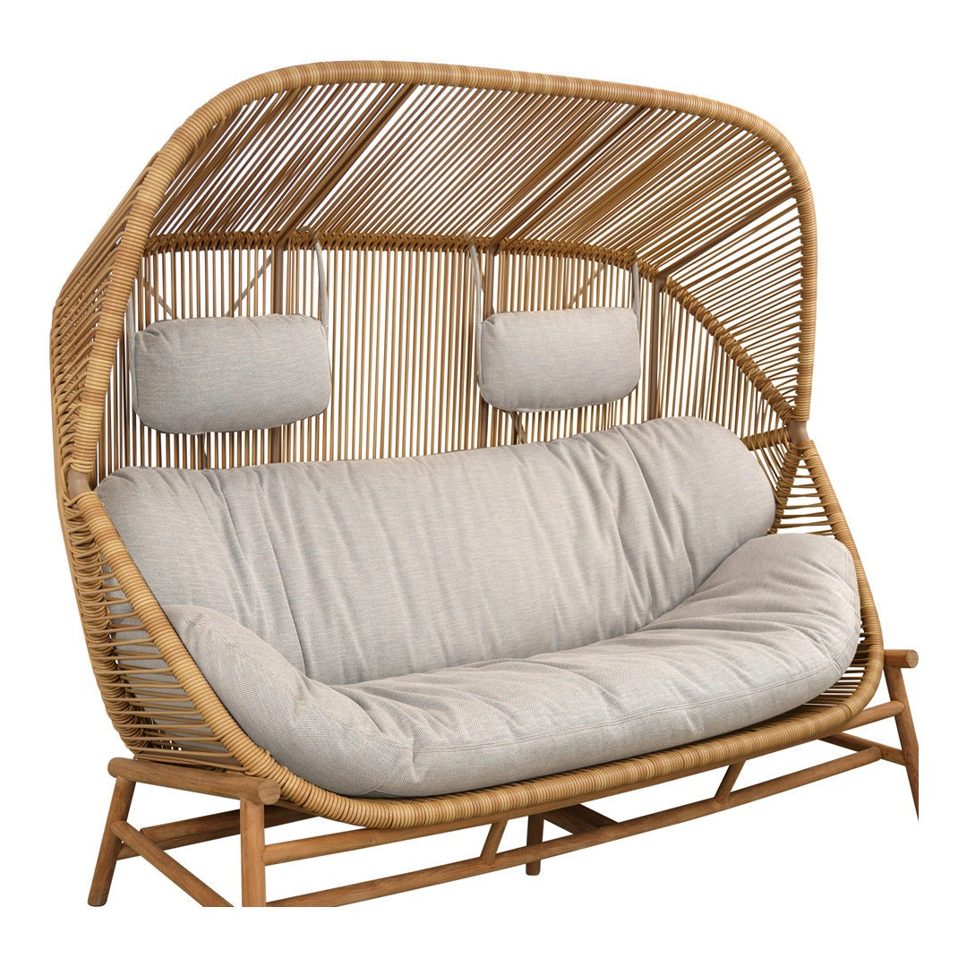 Stylish rattan sofa with a natural bamboo frame and soft gray cushions, featuring a modern, airy design.