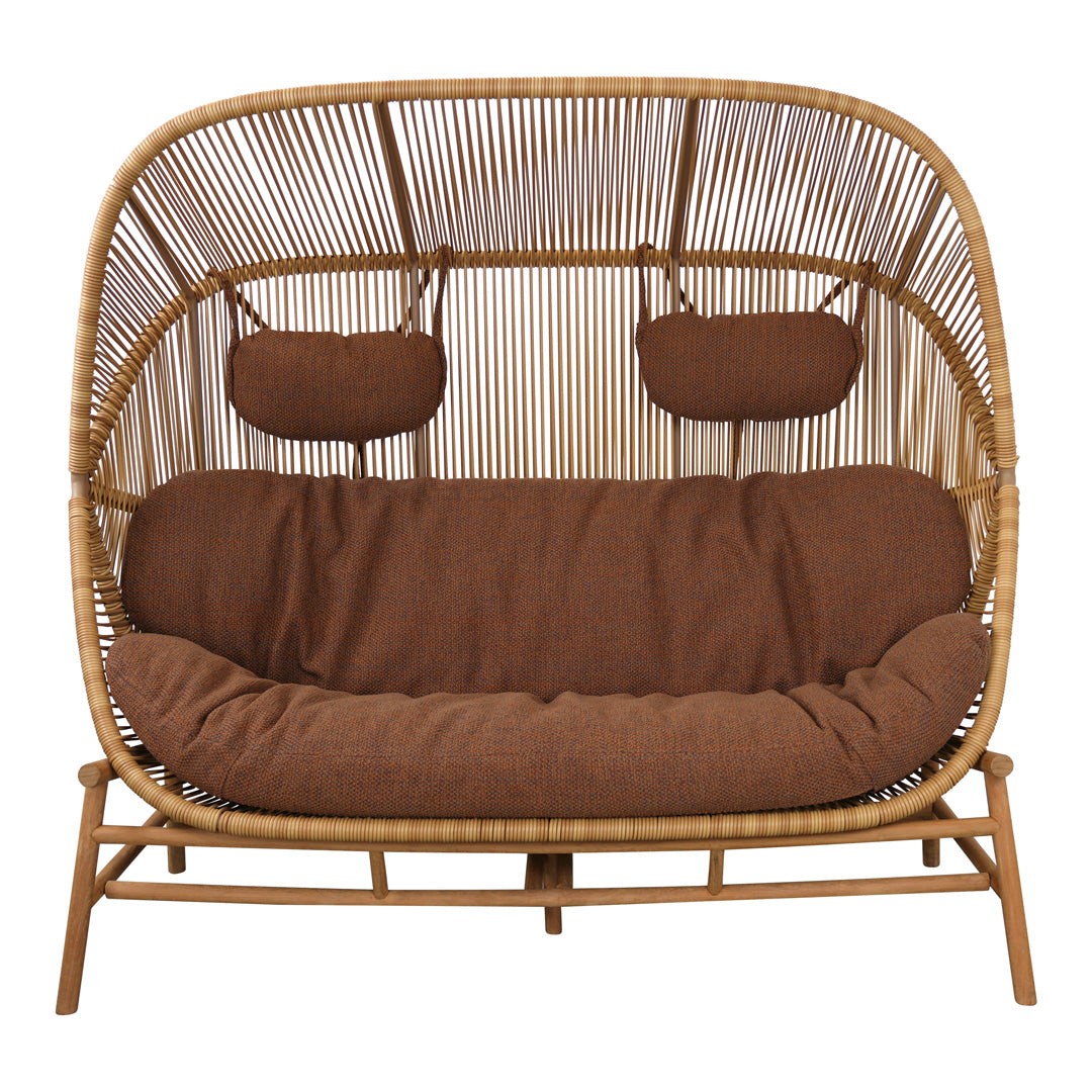 Brown cushioned rattan swing chair with a woven backrest and curved design, perfect for indoor or outdoor relaxation.