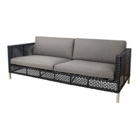Black woven outdoor sofa with gray cushioned seats, featuring a modern, geometric pattern. Perfect for stylish patios.