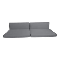 Gray two-piece sofa with a sleek, minimalist design, featuring smooth, solid fabric cushions.