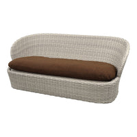 White woven outdoor loveseat with a rich brown cushion for stylish patio seating.
