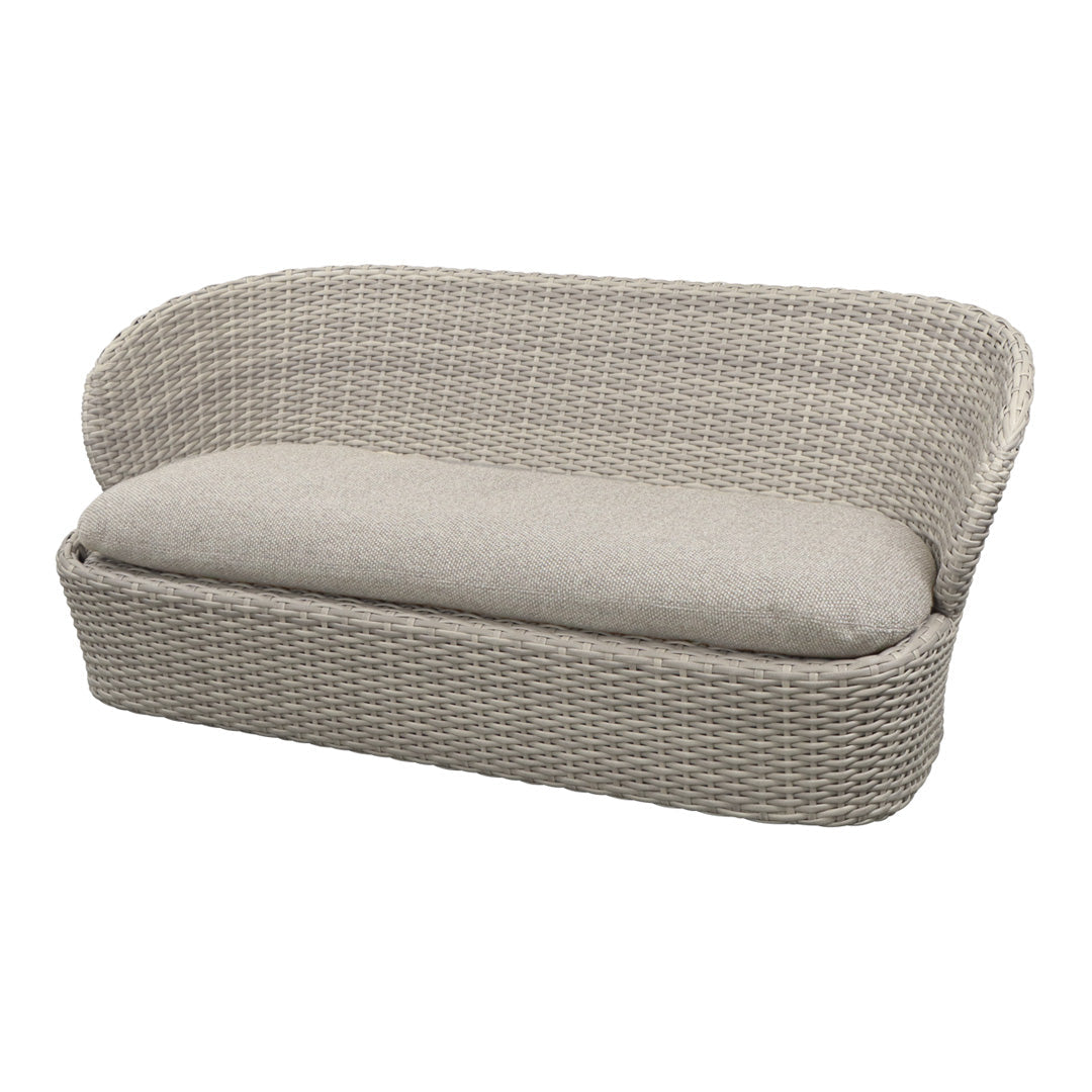 Beige woven sofa with a soft, taupe cushion, featuring a minimalist, contemporary design. Ideal for modern decor.