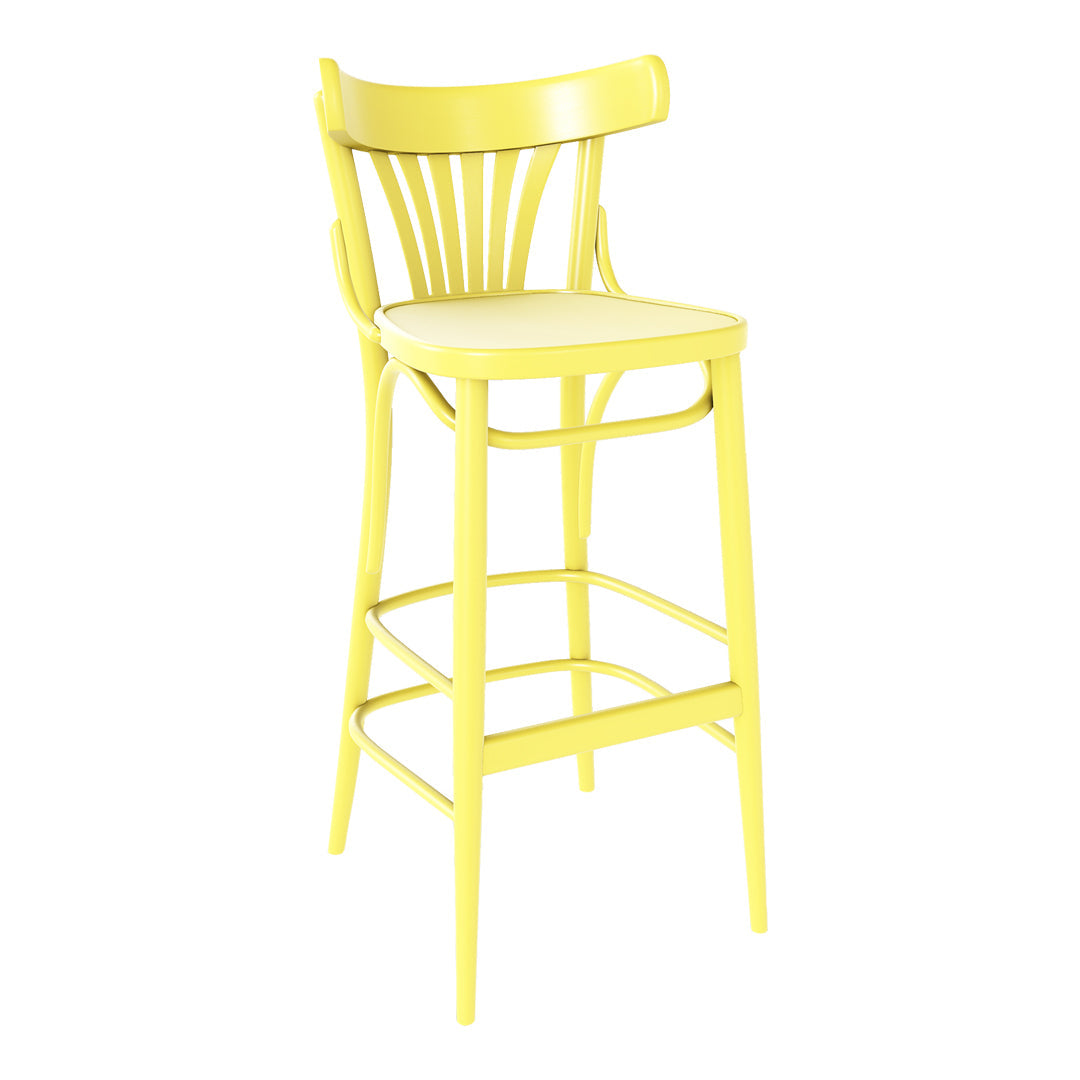 Bright yellow bar stool with a slatted back and simple seat design, perfect for modern and vibrant spaces.