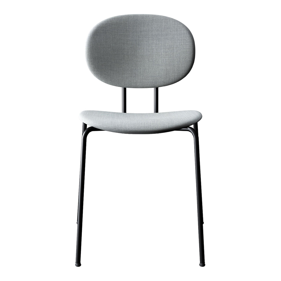 Gray upholstered chair with a smooth, rounded backrest and sleek black metal legs, offering a minimalist design.