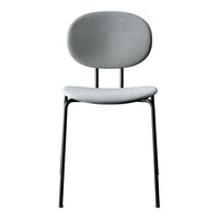 Gray upholstered chair with a smooth, rounded backrest and sleek black metal legs, offering a minimalist design.