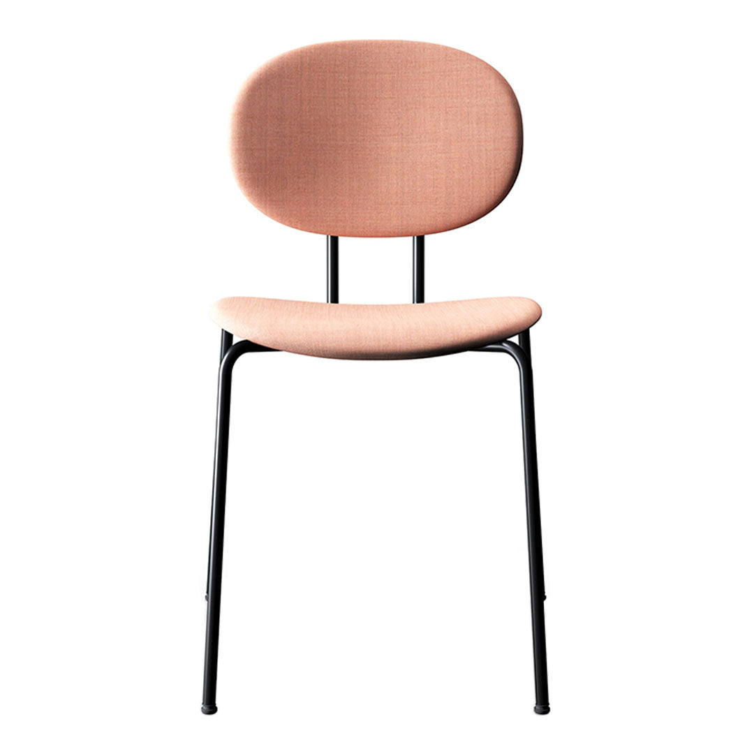 Elegant pink upholstered chair with a smooth, rounded backrest and sleek black legs. Perfect for modern decor.