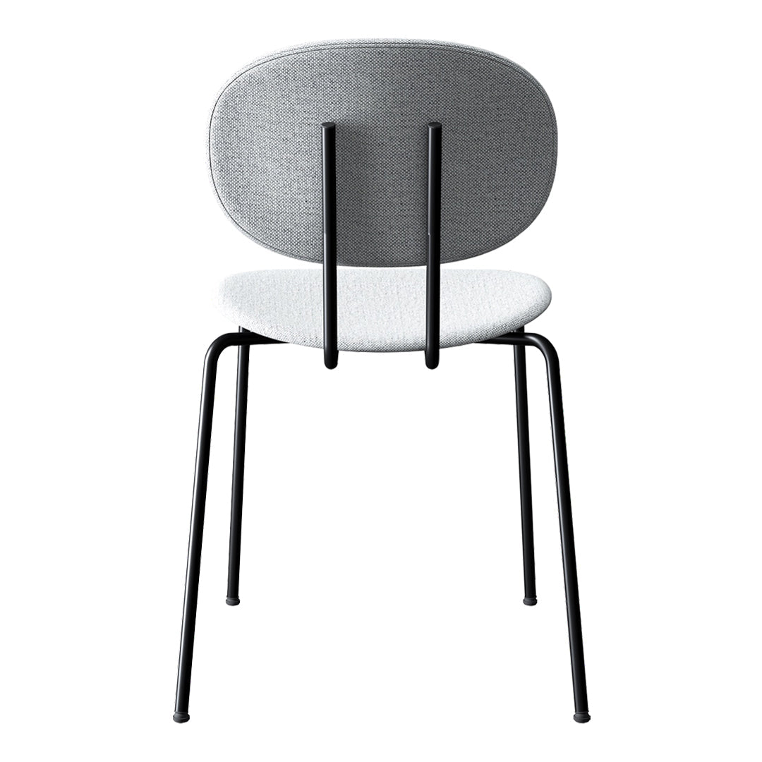 Gray textured backrest and white seat on a sleek black metal frame, offering a modern minimalist aesthetic.
