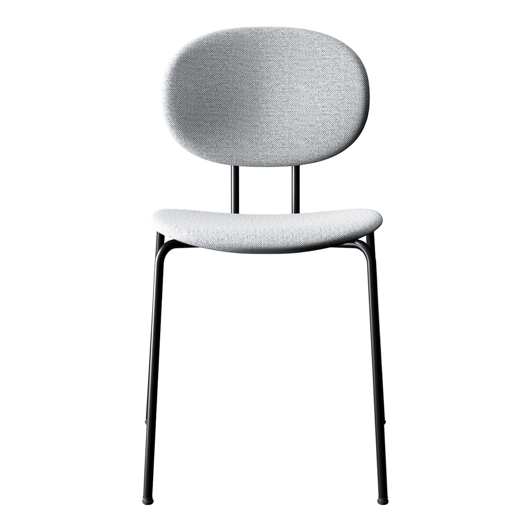 Gray upholstered chair with a smooth finish and sleek black metal legs, featuring a minimalist, modern design.