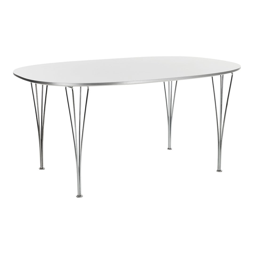 Oval white table with sleek silver legs, perfect for modern decor. Clean lines and minimalist design create a stylish look.