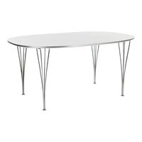 Oval white table with sleek silver legs, perfect for modern decor. Clean lines and minimalist design create a stylish look.